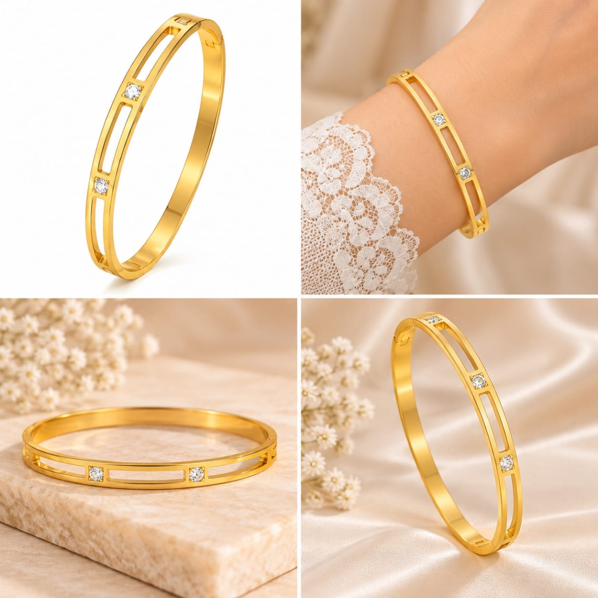 ASMA SAYED JEWELRY – HOUSE OF ASWAH 18K PVD Gold Plated Zircon Bangle for Women | 316L Stainless Steel | Tarnish-Resistant, Waterproof & Hypoallergenic | 4mm Demi-Fine Jewellery | Everyday & Gift Wear - Image 3