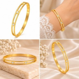 ASMA SAYED JEWELRY – HOUSE OF ASWAH 18K PVD Gold Plated Zircon Bangle for Women | 316L Stainless Steel | Tarnish-Resistant, Waterproof & Hypoallergenic | 4mm Demi-Fine Jewellery | Everyday & Gift Wear - Image 3