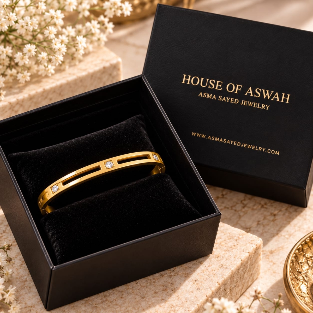 ASMA SAYED JEWELRY – HOUSE OF ASWAH 18K PVD Gold Plated Zircon Bangle for Women | 316L Stainless Steel | Tarnish-Resistant, Waterproof & Hypoallergenic | 4mm Demi-Fine Jewellery | Everyday & Gift Wear - Image 1