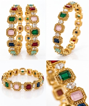 ASMA SAYED JEWELRY Women's American Diamond CZ Gold-Tone Bangles | Multicolour Stone Studded Designer Bangles | Traditional Ethnic Jewellery for Women & Girls | Diwali Festive Collection | Sizes 2.4 & 2.6