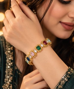 ASMA SAYED JEWELRY Women's American Diamond CZ Gold-Tone Bangles | Multicolour Stone Studded Designer Bangles | Traditional Ethnic Jewellery for Women & Girls | Diwali Festive Collection | Sizes 2.4 & 2.6 - Image 4