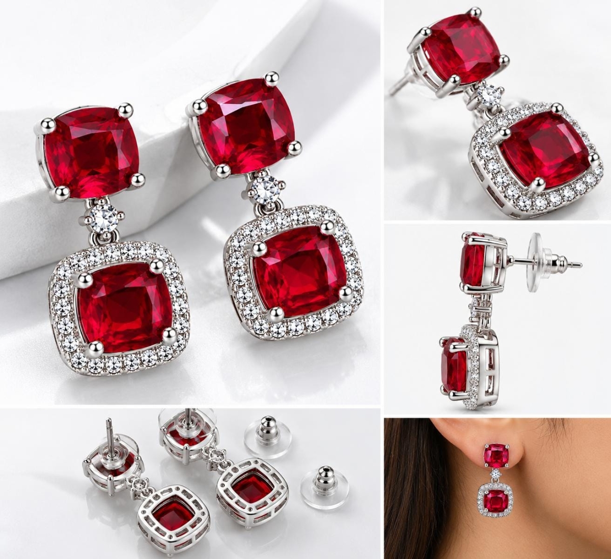 ASMA SAYED JEWELRY Red Ruby Look American Diamond Drop Earrings for Women & Girls | Elegant Silver-Tone Double Square CZ Halo Dangle Earrings | Festive, Party & Wedding Wear - Image 1