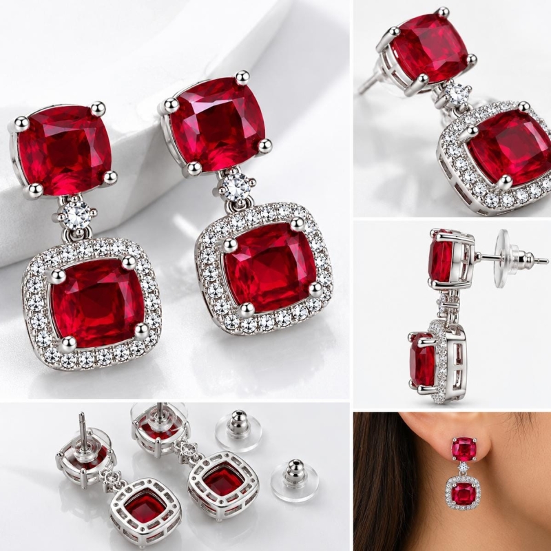 ASMA SAYED JEWELRY Red Ruby Look American Diamond Drop Earrings for Women & Girls | Elegant Silver-Tone Double Square CZ Halo Dangle Earrings | Festive, Party & Wedding Wear
