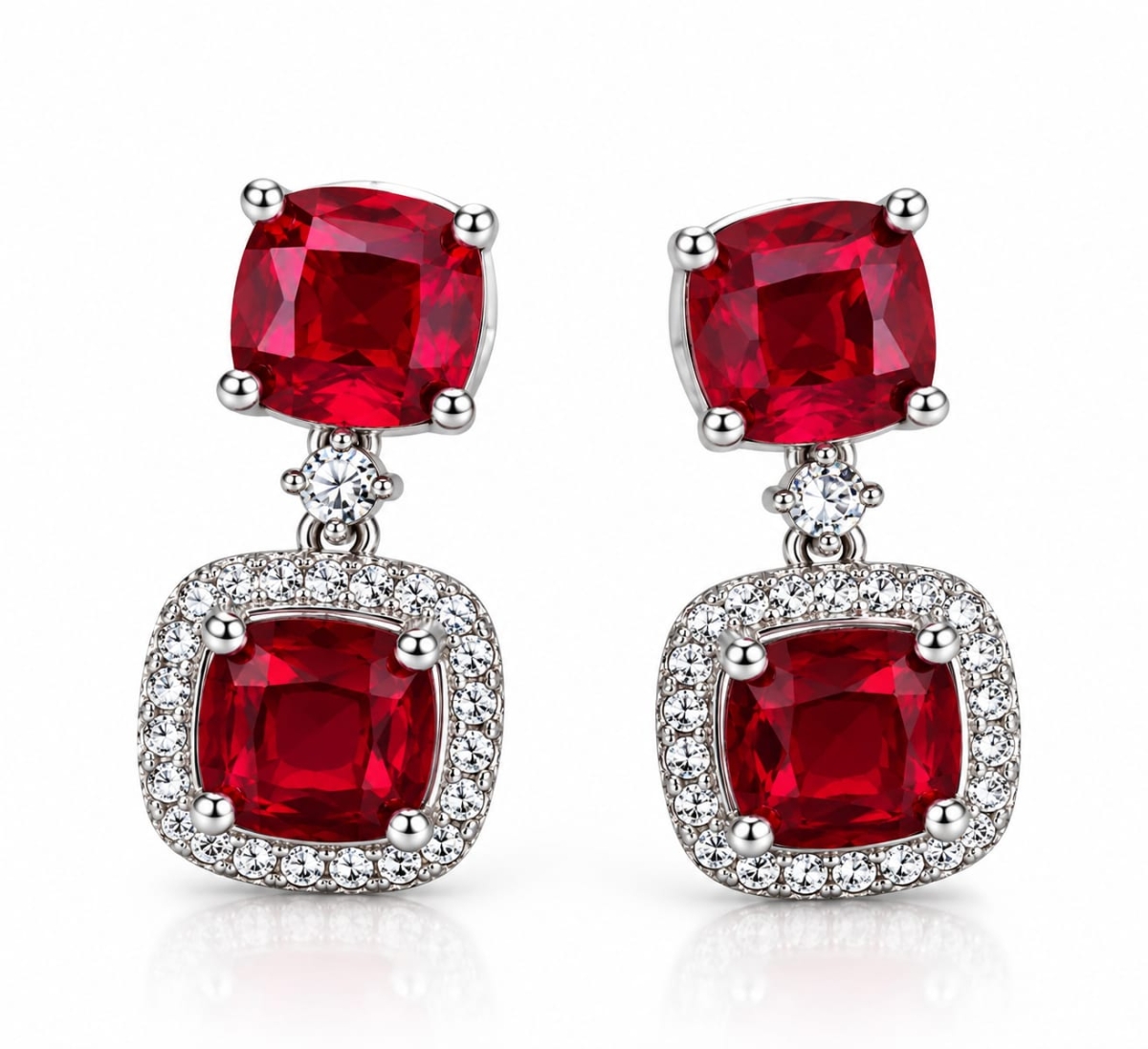 ASMA SAYED JEWELRY Red Ruby Look American Diamond Drop Earrings for Women & Girls | Elegant Silver-Tone Double Square CZ Halo Dangle Earrings | Festive, Party & Wedding Wear - Image 2
