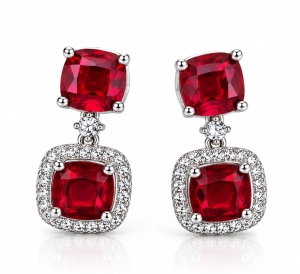 ASMA SAYED JEWELRY Red Ruby Look American Diamond Drop Earrings for Women & Girls | Elegant Silver-Tone Double Square CZ Halo Dangle Earrings | Festive, Party & Wedding Wear - Image 2