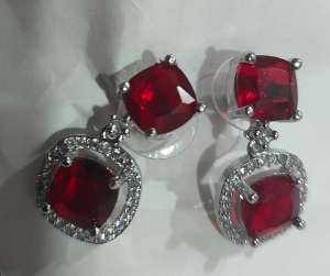 ASMA SAYED JEWELRY Red Ruby Look American Diamond Drop Earrings for Women & Girls | Elegant Silver-Tone Double Square CZ Halo Dangle Earrings | Festive, Party & Wedding Wear - Image 3