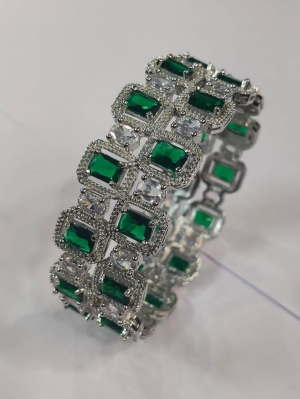 ASMA SAYED JEWELRY American Diamond Green Emerald Look Bangles for Women | Silver Tone CZ Stone Studded Designer Bangles | Diwali Luxury Party Wear & Wedding Jewellery | Size 2.8 | Set of 2