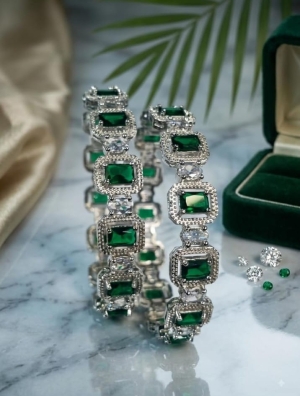 ASMA SAYED JEWELRY American Diamond Green Emerald Look Bangles for Women | Silver Tone CZ Stone Studded Designer Bangles | Diwali Luxury Party Wear & Wedding Jewellery | Size 2.8 | Set of 2 - Image 2
