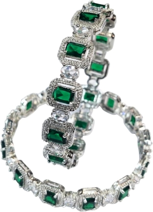ASMA SAYED JEWELRY American Diamond Green Emerald Look Bangles for Women | Silver Tone CZ Stone Studded Designer Bangles | Diwali Luxury Party Wear & Wedding Jewellery | Size 2.8 | Set of 2 - Image 3