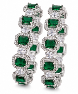 ASMA SAYED JEWELRY American Diamond Green Emerald Look Bangles for Women | Silver Tone CZ Stone Studded Designer Bangles | Diwali Luxury Party Wear & Wedding Jewellery | Size 2.8 | Set of 2 - Image 4