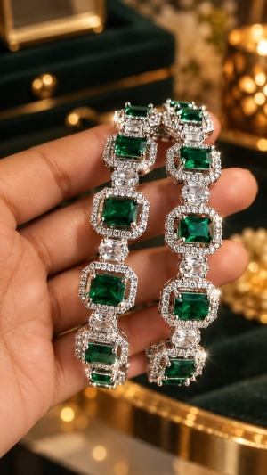 ASMA SAYED JEWELRY American Diamond Green Emerald Look Bangles for Women | Silver Tone CZ Stone Studded Designer Bangles | Diwali Luxury Party Wear & Wedding Jewellery | Size 2.8 | Set of 2 - Image 5