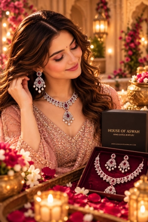 ASMA SAYED JEWELRY Diwali Edition American Diamond Necklace & Earring Set | Royal Teardrop AD Stone Jewellery Set with Pearl Drops | 6 Colors - Image 7