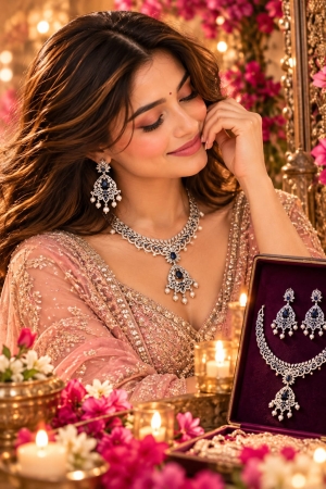 ASMA SAYED JEWELRY Diwali Edition American Diamond Necklace & Earring Set | Royal Teardrop AD Stone Jewellery Set with Pearl Drops | 6 Colors - Image 8