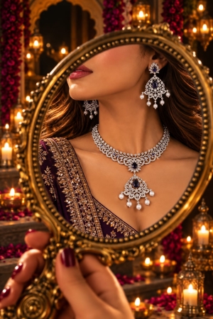 ASMA SAYED JEWELRY Diwali Edition American Diamond Necklace & Earring Set | Royal Teardrop AD Stone Jewellery Set with Pearl Drops | 6 Colors - Image 3