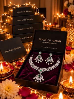 ASMA SAYED JEWELRY Diwali Edition American Diamond Necklace & Earring Set | Royal Teardrop AD Stone Jewellery Set with Pearl Drops | 6 Colors