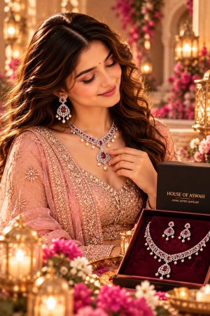 ASMA SAYED JEWELRY Diwali Edition American Diamond Necklace & Earring Set | Royal Teardrop AD Stone Jewellery Set with Pearl Drops | 6 Colors - Image 10