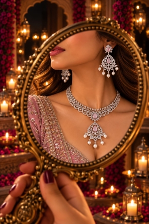 ASMA SAYED JEWELRY Diwali Edition American Diamond Necklace & Earring Set | Royal Teardrop AD Stone Jewellery Set with Pearl Drops | 6 Colors - Image 5