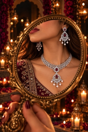 ASMA SAYED JEWELRY Diwali Edition American Diamond Necklace & Earring Set | Royal Teardrop AD Stone Jewellery Set with Pearl Drops | 6 Colors - Image 2