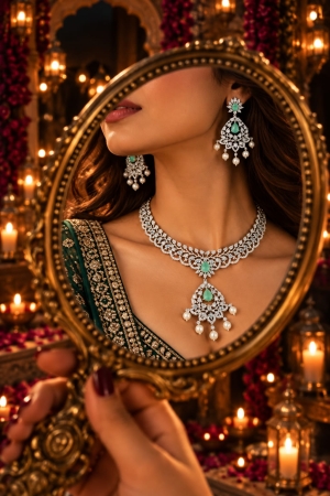 ASMA SAYED JEWELRY Diwali Edition American Diamond Necklace & Earring Set | Royal Teardrop AD Stone Jewellery Set with Pearl Drops | 6 Colors - Image 4