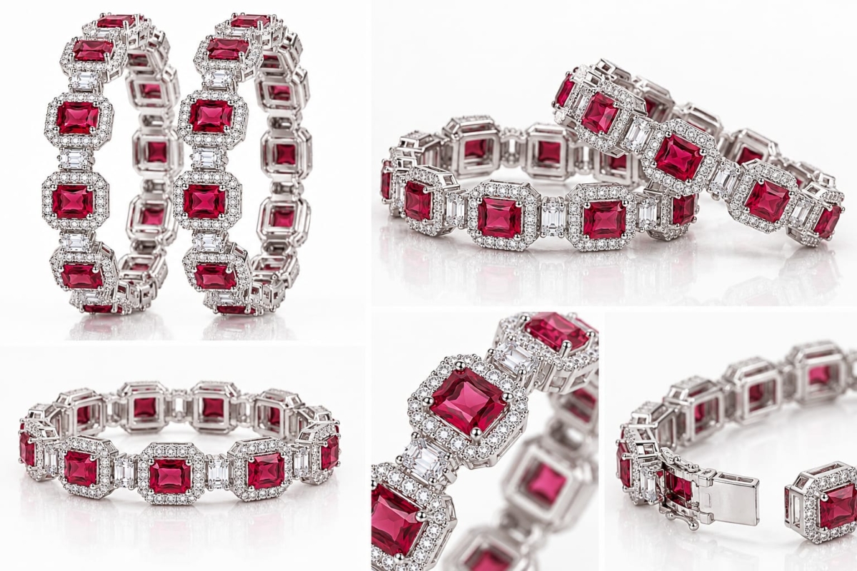 ASMA SAYED JEWELRY American Diamond Bangles for Women & Girls | Premium Ruby Pink Stone Studded Silver-Tone Bangles | Elegant AD Jewellery for Wedding, Party, Festive & Traditional Wear | Size 2.6 - Image 1