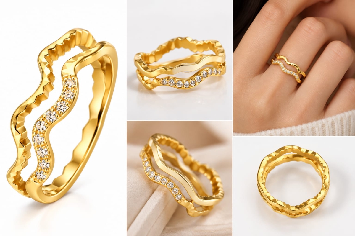 ASMA SAYED JEWELRY – HOUSE OF ASWAH Gold Plated Double Wave Zirconia Diamond Ring for Women | 316 Stainless Steel DEMIFINE JEWELRY Elegant Fashion Jewellery | Sizes 16, 17, 18 - Image 2