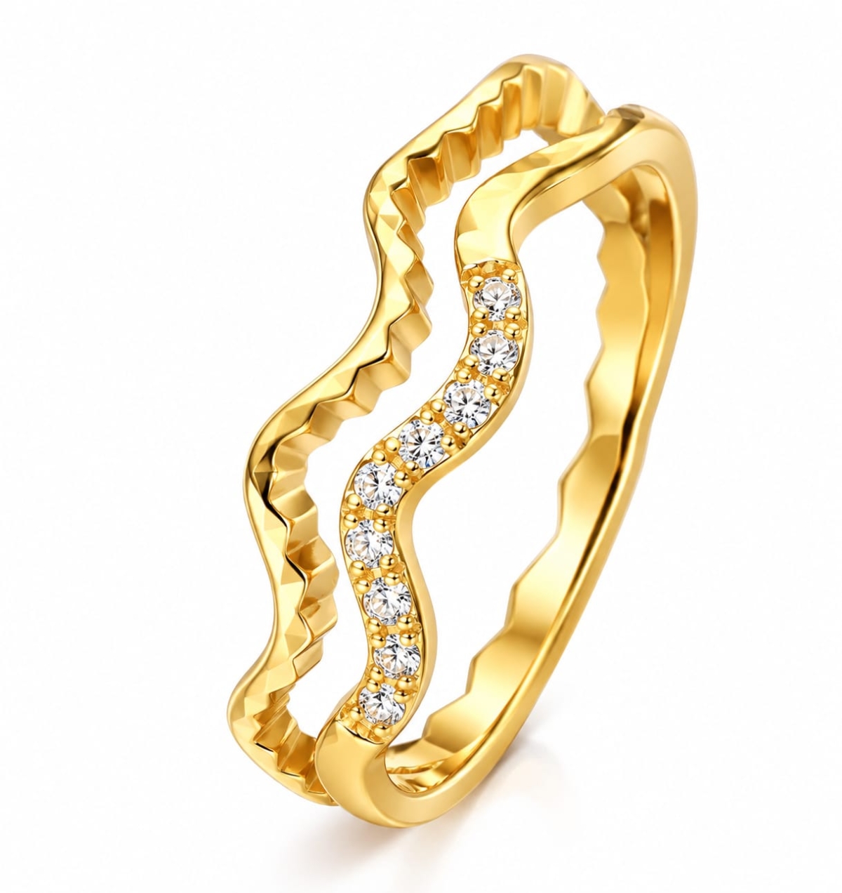 ASMA SAYED JEWELRY – HOUSE OF ASWAH Gold Plated Double Wave Zirconia Diamond Ring for Women | 316 Stainless Steel DEMIFINE JEWELRY Elegant Fashion Jewellery | Sizes 16, 17, 18 - Image 1