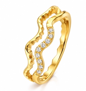 ASMA SAYED JEWELRY – HOUSE OF ASWAH Gold Plated Double Wave Zirconia Diamond Ring for Women | 316 Stainless Steel DEMIFINE JEWELRY Elegant Fashion Jewellery | Sizes 16, 17, 18