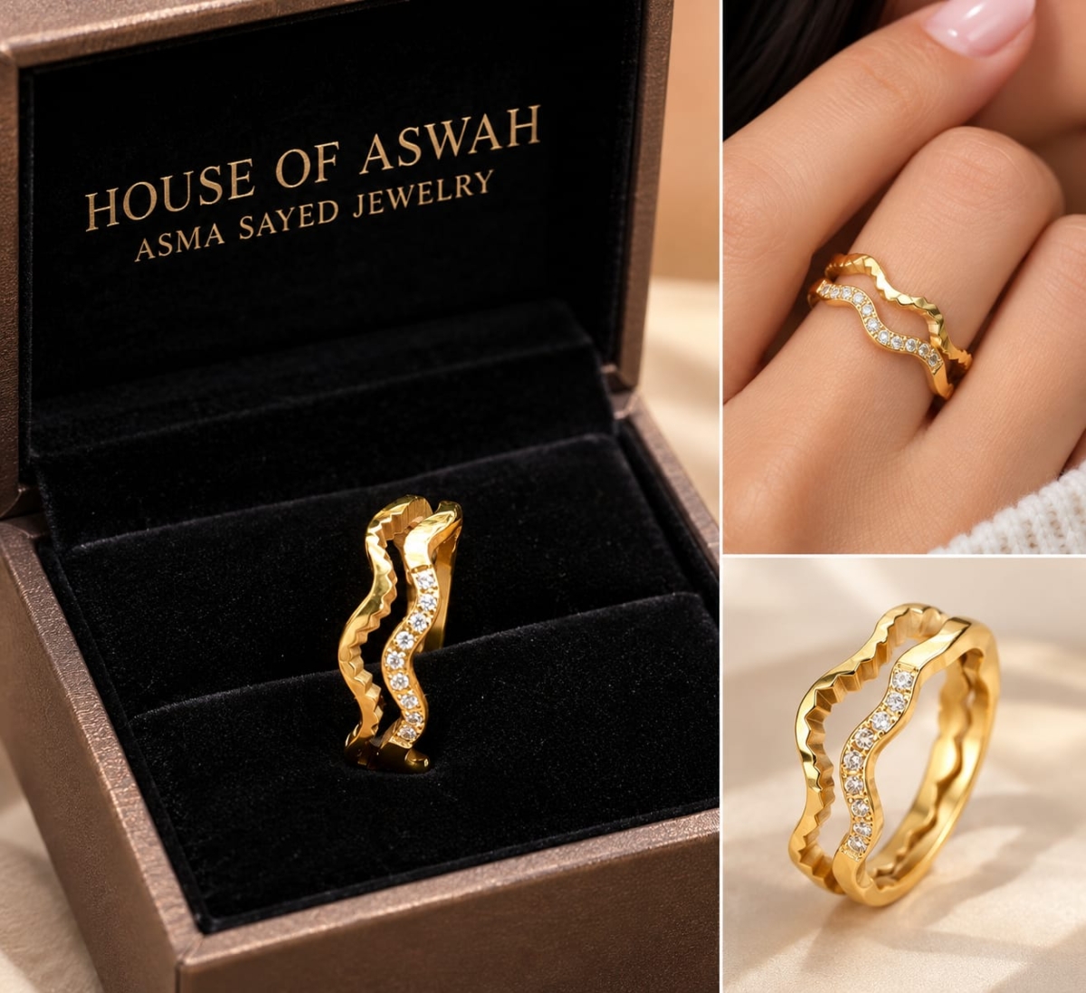 ASMA SAYED JEWELRY – HOUSE OF ASWAH Gold Plated Double Wave Zirconia Diamond Ring for Women | 316 Stainless Steel DEMIFINE JEWELRY Elegant Fashion Jewellery | Sizes 16, 17, 18 - Image 3