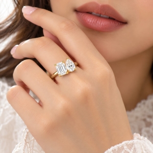 SLIVER 925 Emerald & Pear Cut Moissanite Gold-Plated Ring | ASMA SAYED JEWELRY – HOUSE OF ASWAH - Image 2