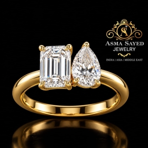 SLIVER 925 Emerald & Pear Cut Moissanite Gold-Plated Ring | ASMA SAYED JEWELRY – HOUSE OF ASWAH - Image 3