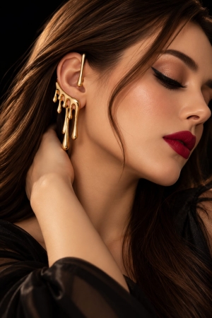 ASMA SAYED JEWELRY – Gold Plated Statement Drip Earrings & Minimal Ear Cuff Set for Women - Image 4
