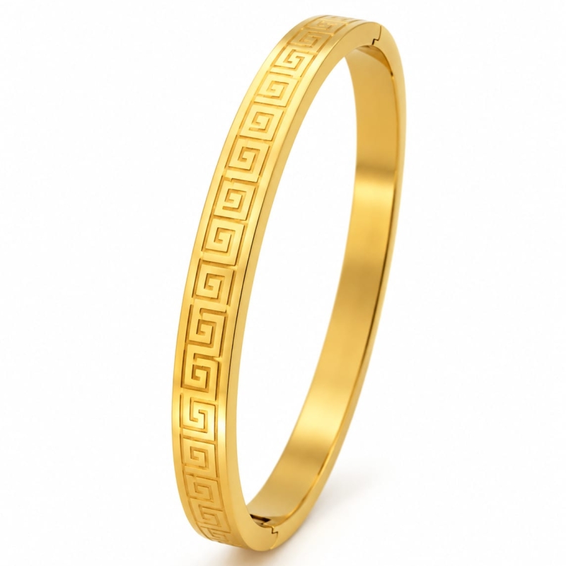 ASMA SAYED JEWELRY – HOUSE OF ASWAH 18K PVD Gold Plated Unisex Bangle for Men & Women | 316L Stainless Steel | Greek Key Design | Tarnish-Resistant Waterproof & Hypoallergenic | Graduation Gift