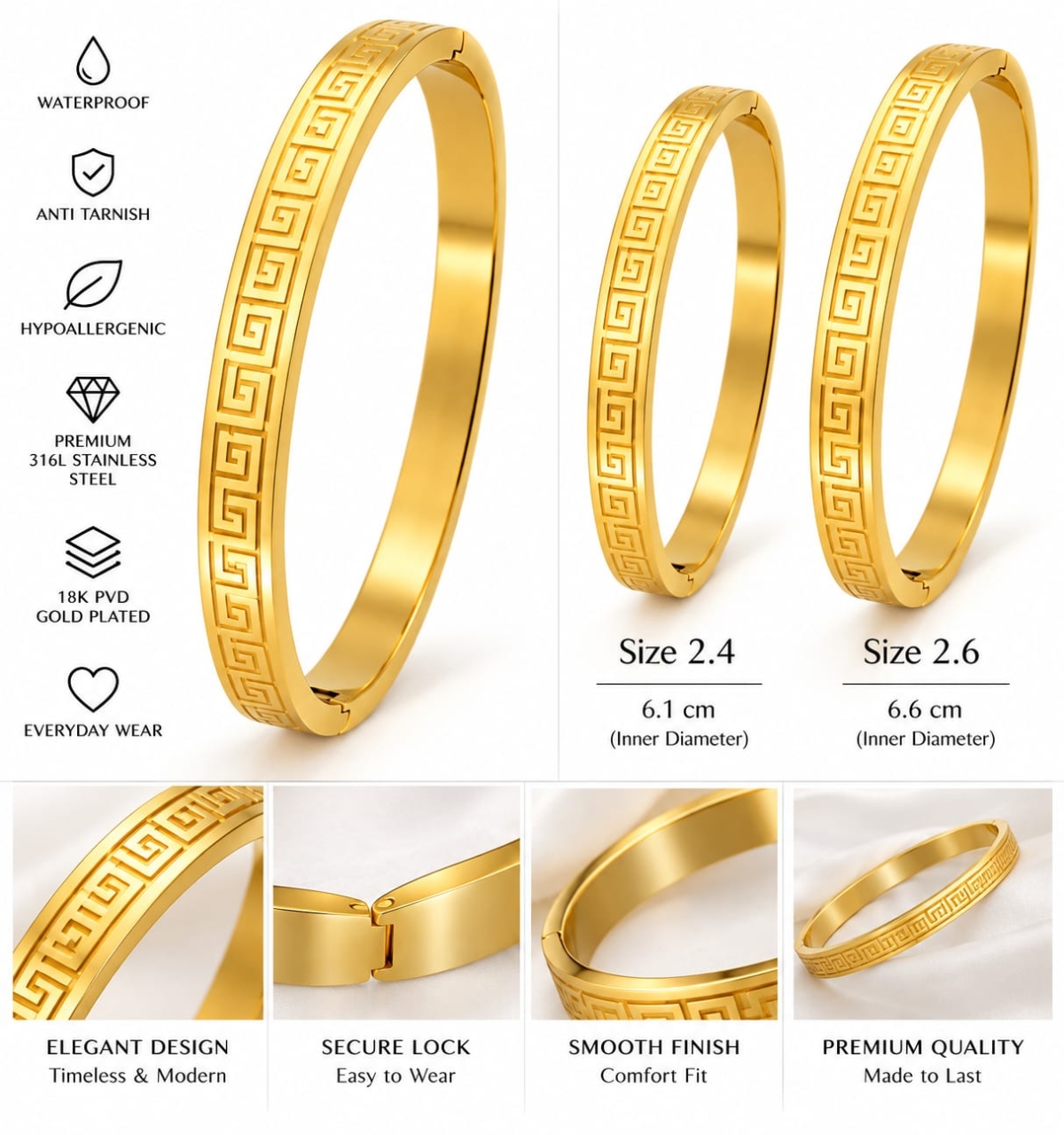 ASMA SAYED JEWELRY – HOUSE OF ASWAH 18K PVD Gold Plated Unisex Bangle for Men & Women | 316L Stainless Steel | Greek Key Design | Tarnish-Resistant Waterproof & Hypoallergenic | Graduation Gift - Image 3