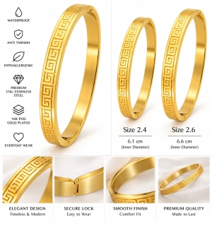 ASMA SAYED JEWELRY – HOUSE OF ASWAH 18K Gold Plated Unisex Kada Bracelet | 316L Stainless Steel | Greek Key Pattern | Tarnish Resistant, Waterproof & Hypoallergenic | Bracelet for Men & Women | Gift for Friends - Image 4