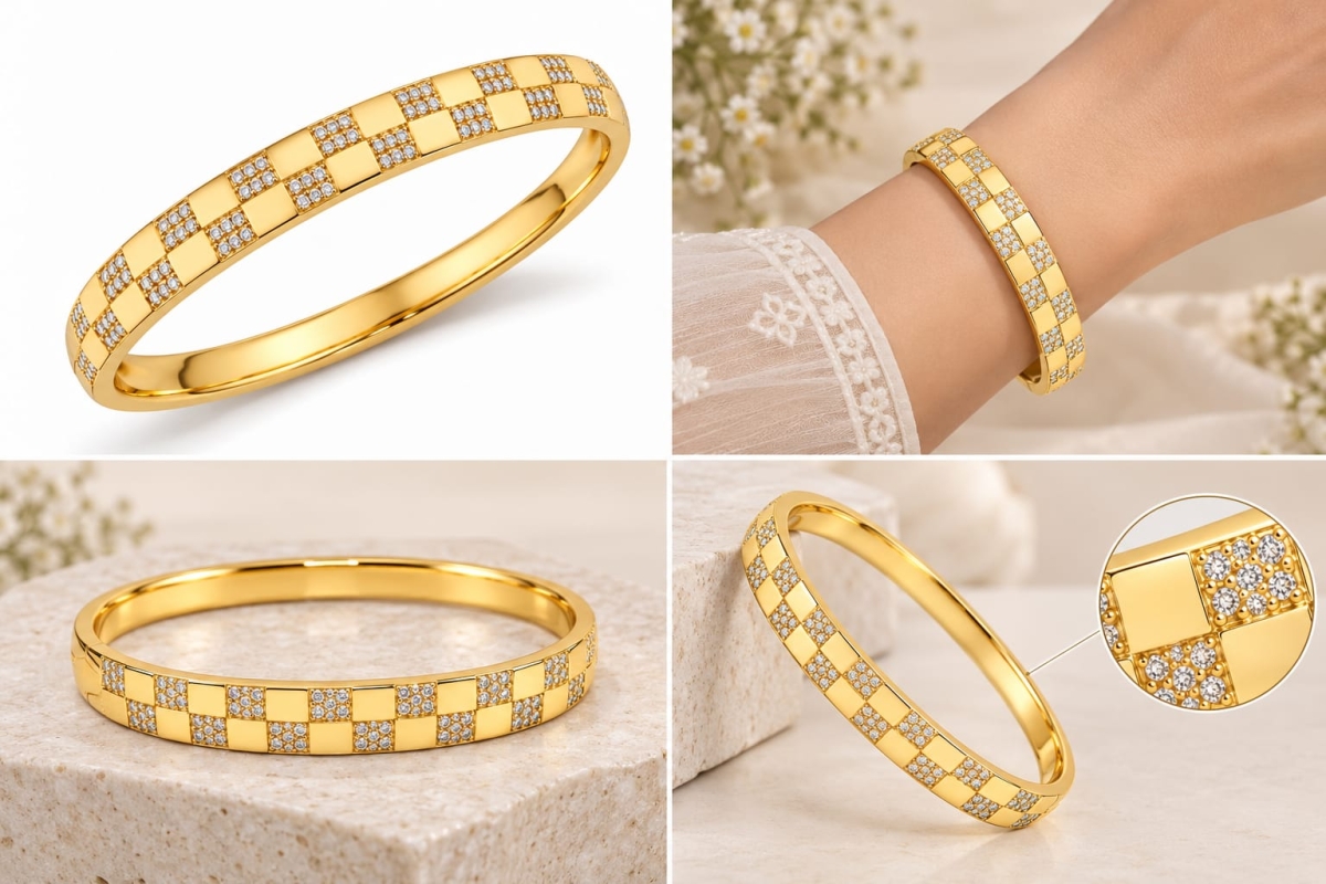 ASMA SAYED JEWELRY – HOUSE OF ASWAH 18K PVD Gold Plated Zircon Bangle for Women | 316L Stainless Steel | Tarnish-Resistant, Waterproof & Hypoallergenic | Mother Daughter Gift | Demi-Fine Jewellery | Everyday Wear - Image 2