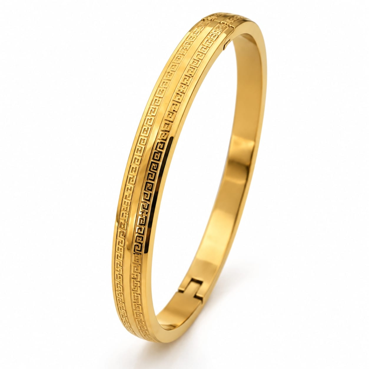 ASMA SAYED JEWELRY – HOUSE OF ASWAH Gold Plated Greek Key Designer Bangle Bracelet for Women | 316 Stainless Steel | Anti-Tarnish | Elegant Geometric Pattern | Hinged Kada | Everyday Wear & Party Jewellery - Image 1