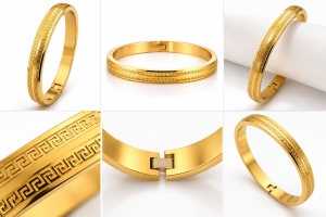 ASMA SAYED JEWELRY – HOUSE OF ASWAH Gold Plated Greek Key Designer Bangle Bracelet for Women | 316 Stainless Steel | Anti-Tarnish | Elegant Geometric Pattern | Hinged Kada | Everyday Wear & Party Jewellery - Image 2