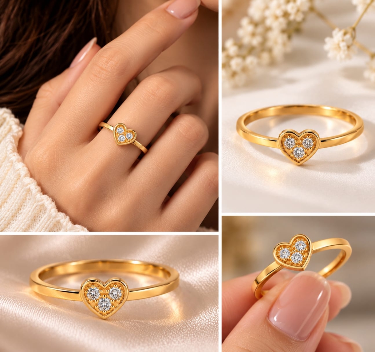 ASMA SAYED JEWELRY – HOUSE OF ASWAH Gold-Tone Heart Ring for Women | 316 Stainless Steel | 3 Sparkling Stones | US Size 7 | Elegant Everyday Jewellery - Image 3