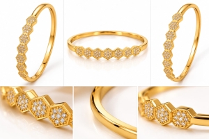ASMA SAYED JEWELRY – HOUSE OF ASWAH Gold Plated Honeycomb Hexagon Stone Bangle Bracelet for Women | 316 Stainless Steel | Anti-Tarnish | Elegant Designer Kada | Stylish Everyday & Party Wear Jewellery | Gift for Her - Image 2