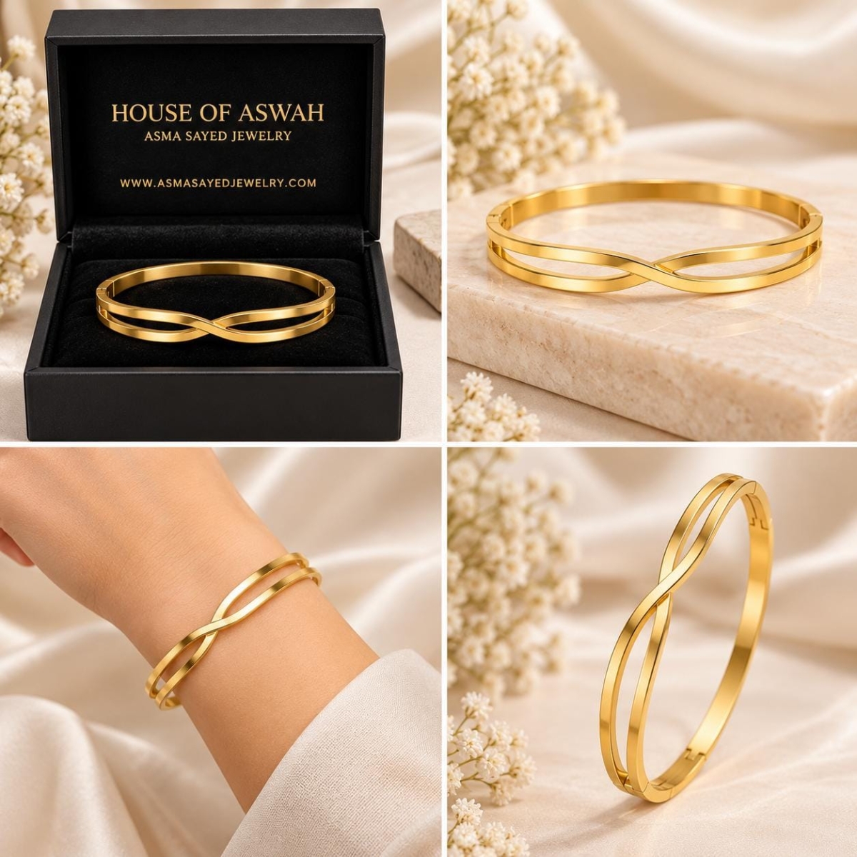 ASMA SAYED JEWELRY – HOUSE OF ASWAH 18K PVD Gold Plated Infinity Twist Bangle for Women | 316L Stainless Steel | Tarnish-Resistant, Waterproof & Hypoallergenic | Demi-Fine Jewellery | Elegant Everyday & Gift Wear - Image 1