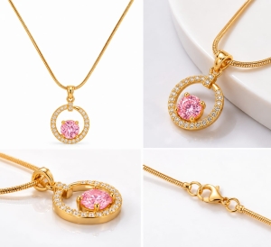 ASMA SAYED JEWELRY – HOUSE OF ASWAH 18K Gold Plated Pink Zircon Pendant Necklace for Women | Elegant Circular Stone Pendant | Demi-Fine Jewellery | Everyday Wear & Gifting - Image 3