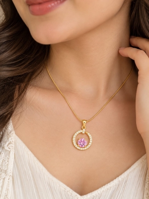 ASMA SAYED JEWELRY – HOUSE OF ASWAH 18K Gold Plated Pink Zircon Pendant Necklace for Women | Elegant Circular Stone Pendant | Demi-Fine Jewellery | Everyday Wear & Gifting