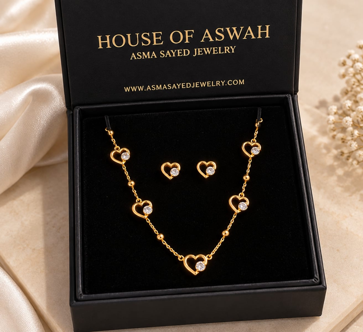 ASMA SAYED JEWELRY  HOUSE OF ASWAH 18K Gold Plated Heart Necklace & Earrings Set for Women | 316L Stainless Steel | Zircon Stone | Anti-Tarnish, Waterproof & Hypoallergenic | Demi-Fine Jewellery - Image 2