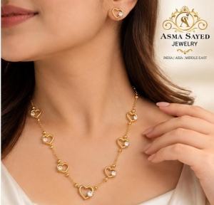ASMA SAYED JEWELRY  HOUSE OF ASWAH 18K Gold Plated Heart Necklace & Earrings Set for Women | 316L Stainless Steel | Zircon Stone | Anti-Tarnish, Waterproof & Hypoallergenic | Demi-Fine Jewellery - Image 5