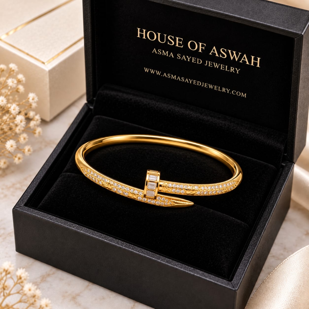 ASMA SAYED JEWELRY – HOUSE OF ASWAH 18K PVD Gold Plated Nail-Inspired Zircon Bangle for Women | White Accent | 316L Stainless Steel | Tarnish-Resistant, Waterproof & Hypoallergenic | Demi-Fine Jewellery - Image 2