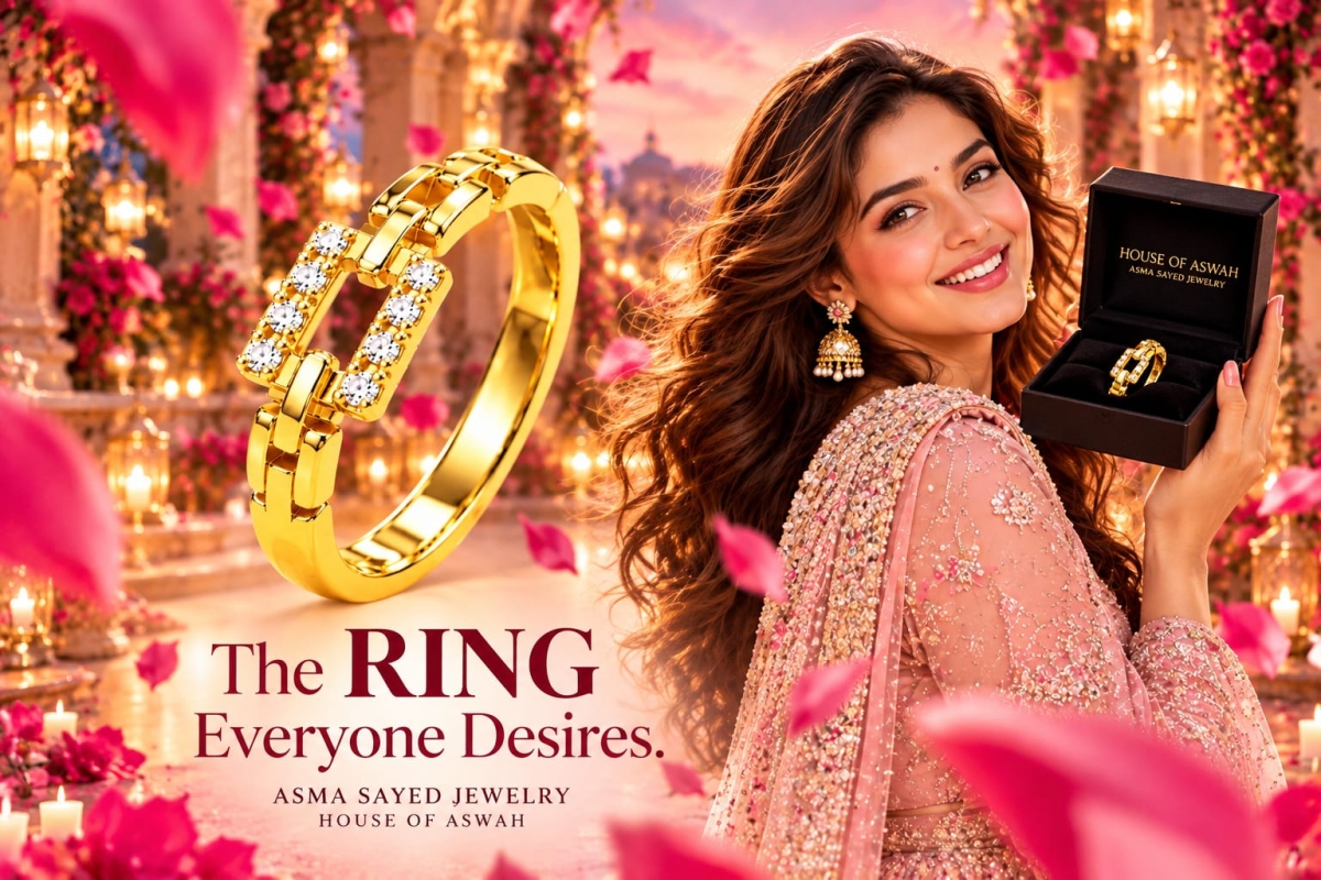 ASMA SAYED JEWELRY – HOUSE OF ASWAH | Women's 18K Gold Plated Demi-Fine Ring | Sparkling Zirconia Diamond | Elegant Geometric Design | Party, Festive & Everyday Wear - Image 3