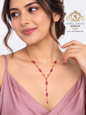 ASMA SAYED JEWELRY – HOUSE OF ASWAH Floral Y-Drop Necklace for Women & Girls | Pink, Blue & Clear Stone Studded Gold-Tone Necklace | Elegant Minimal Jewellery for Party, Daily Wear & Gifting - Image 8