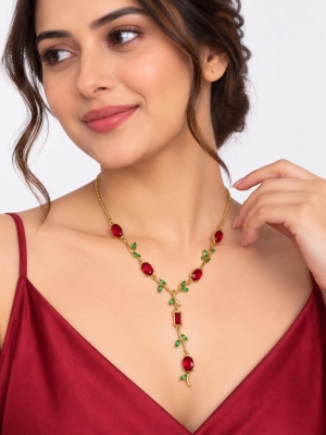 ASMA SAYED JEWELRY – HOUSE OF ASWAH Floral Y-Drop Necklace for Women & Girls | Pink, Blue & Clear Stone Studded Gold-Tone Necklace | Elegant Minimal Jewellery for Party, Daily Wear & Gifting - Image 7