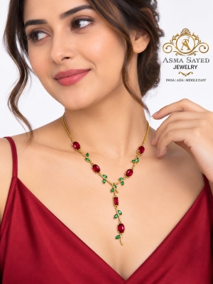 ASMA SAYED JEWELRY – HOUSE OF ASWAH Floral Y-Drop Necklace for Women & Girls | Pink, Blue & Clear Stone Studded Gold-Tone Necklace | Elegant Minimal Jewellery for Party, Daily Wear & Gifting - Image 6