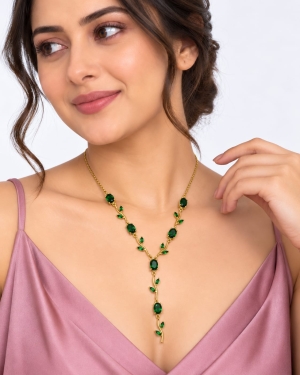 ASMA SAYED JEWELRY – HOUSE OF ASWAH Floral Y-Drop Necklace for Women & Girls | Pink, Blue & Clear Stone Studded Gold-Tone Necklace | Elegant Minimal Jewellery for Party, Daily Wear & Gifting - Image 5